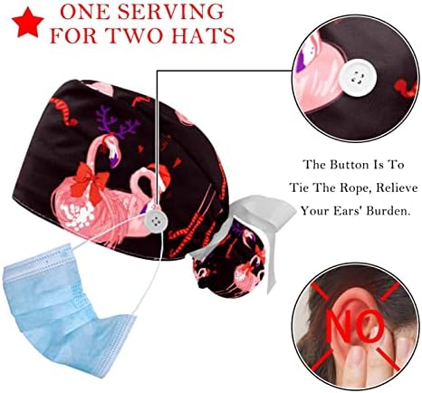 Dolgozik a Sapkát Gombok & Szalag Köti a Nők 2 Csomag Rózsaszín Flamingó Lotus Állítható Unisex Sebészeti Caps Bozót Sapka