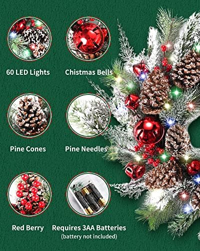 DDHS Karácsonyi Koszorúk a Bejárati Ajtót,24 Hüvelykes Előre Világít Téli Koszorú, Nagy Harang, fenyőtoboz, Piros Bogyók, 60 LED-es