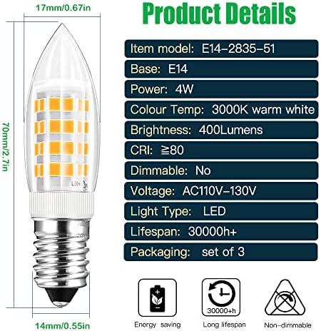 CQTLED E14 LED Izzók, 4W 400LM Meleg Fehér 3000K 120V 110V,Egyenértékű 40W Izzó,3-Pack
