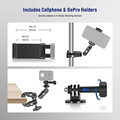 NEEWER Szuper Bilincs a Mágikus Kar Telefon Holder & Action Kamera Szerelhető, Fém 360° - Os Dupla Labda Fej 1/4 & 3/8 Szál, Kompatibilis