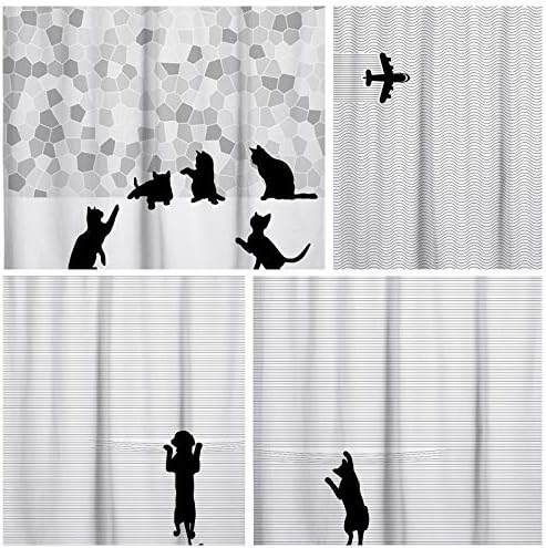 Napsütötte Design Fekete Macska Silhouette, Szürke Mozaik Szövet zuhanyfüggöny. Szürke, Fehér