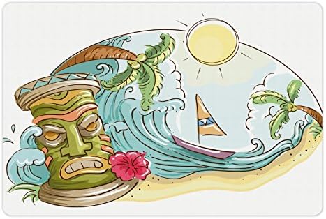 Ambesonne Tiki Bar Pet-Mat Élelmiszer, Víz, Kör alakú Keret Trópusi Ékezetek Rajzfilm Strand Tiki Illusztráció Nyomtatás, Téglalap