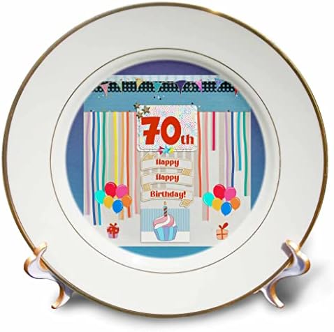 3dRose Kép a 70 éves Tag, Cupcake, Gyertya, Lufi, Ajándék, Szerpentin, Lemezek (cp_359905_1)