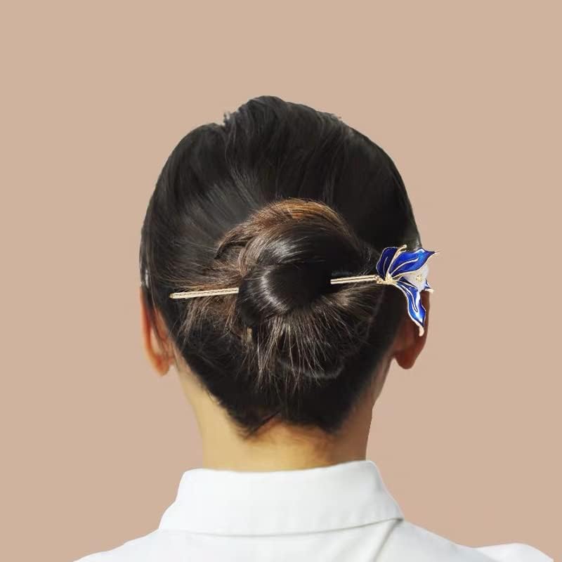 GRETD Zománc Orchidea Haj Stick Elegáns Kék Virág Fém hajcsat Csatot Ékszerek, Haj Csapok a Nők (Szín : Egy, Méret : 15.4 * 4,5 cm)
