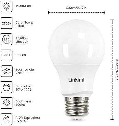 Linkind Csomag 6 Csomag 19 LED Nem Szabályozható Izzók 12 Csomagok 19 Szabályozható Izzók, 60 Watt Egyenértékű, E26 Bázis, 2700K Puha, Fehér,