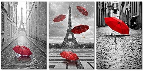 iHAPPYWALL Kortárs Művészeti Fekete-Fehér Eiffel-Torony, a Vörös Esernyővel a Párizsi Utcán Festmény Romantikus Kép Bekeretezett Grafika