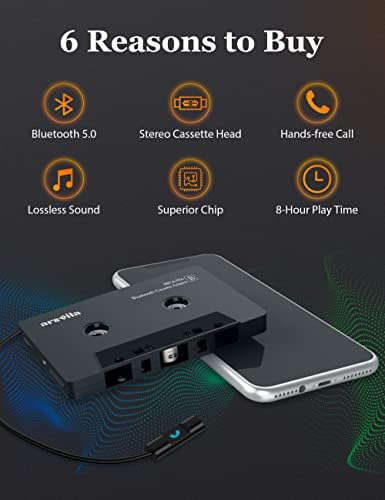 arsvita Bluetooth 5.0 Kazetta Aux Adapter Autó, Kazetta Audió Adapter, Kéz nélküli Hívás, Szén Fekete