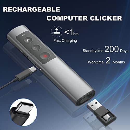 Az újratölthető Bemutató Klikkelő Laptop PowerPoint, USB-USB-C Bemutató Mutató, Vezeték nélküli Műsorvezető Remote Power Point