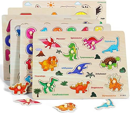 GRINNNIE Fa Peg Puzzle Gyerekeknek, A 6 Pack Kisgyermek Puzzle Készlet 3 4 5 Éves (Ábécé Száma Alakú Állat Dinoszaurusz Jármű),