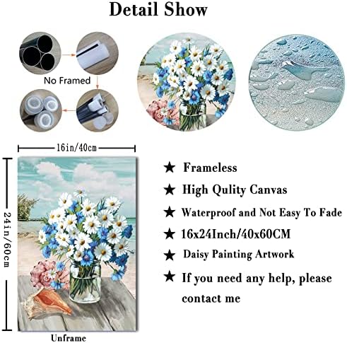 Ocean Beach Festmény Kép Daisy a Váza Kép Nyomtatási Festmény Fürdőszoba Wall Art Kék Fehér Daisy Festmény, Grafika, Sárga, Kék Virág Virágzó