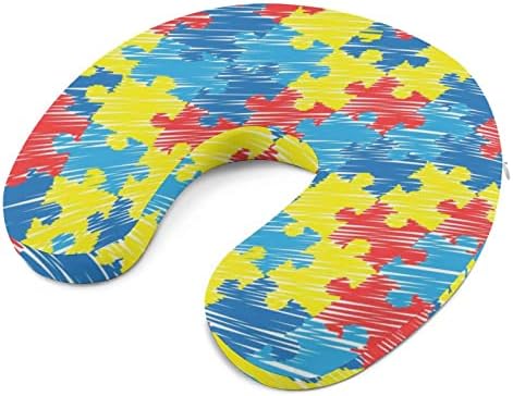 Autizmus Tudatosság Színes Puzzle Úti Párna a Fej-Nyaki Támogatás Párna Memory Foam U-Alakú Fejtámla a Párna Alvás