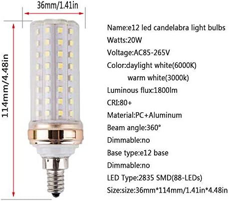 Edearkar E12 LED Izzók,20W Gyertyatartót LED Izzók 180 Watt Egyenértékű - 88 Led-2835 SMD 1800lm 6000K Nappal Fehér Dekorációs Gyertya