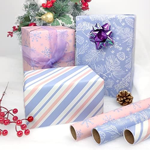 LDGOOAEL Mini Rövid Kis Karácsonyi Csomagolópapír-Tekercs, Vágott Sorok Fordított (17 X 120 Per Roll) - Rózsaszín Hópelyhek & Lila Fenyő
