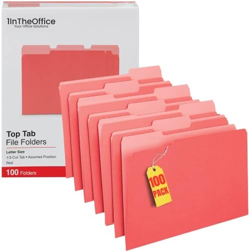 1InTheOffice Piros Mappákat, 1/3-Vágott Lapok: Vegyes, Letter Méretű, 11-pt Raktáron, Piros, 100-as Csomag