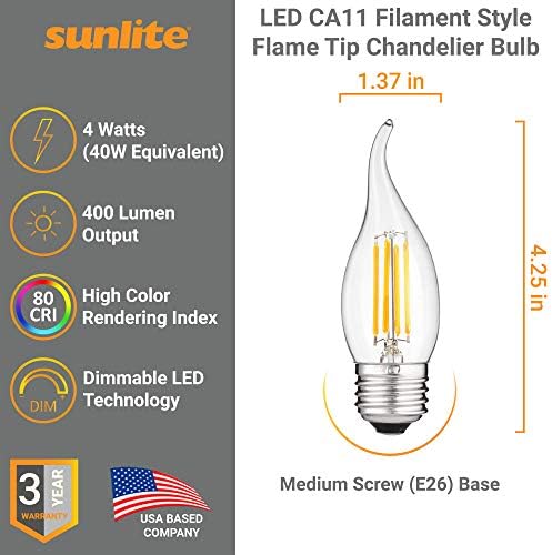 Sunlite 41075 LED Végtelen CA11 Láng Tipp Csillár Izzó, 4 Watt (40W Egyenértékű), Közepes E26 Bázis, Átlátszó Üveg, Szabályozható, 2700K Meleg