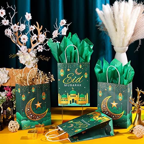16 állít Eid Mubarak Ajándék Táskák, selyempapír, Ramadan Finomságok Táskák Ramadan Party Kellékek Szívességet (Zöld)