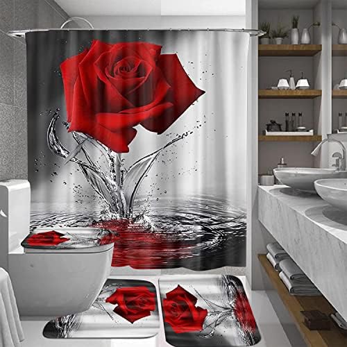MrLYouth Vörös Rózsa zuhanyfüggöny Készletek Csúszásmentes Szőnyeg,Szőnyeg,Wc Fedél Fedél 12 Horgok,Vízálló Poliészter Modern Stílusú