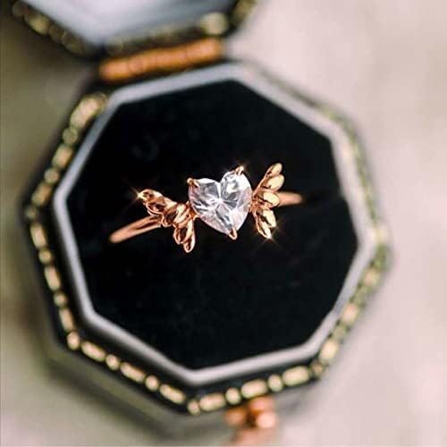 2023 Gyönyörű Szárny Gyémánt Szív Gyűrű Nők Eljegyzési Gyűrű, Ékszerek, Ajándék Gyűrű Készlet, Rozsdamentes Acél (Rose Gold, 7)