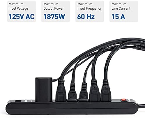 Kábel Számít, 2 Csomag 6 Outlet túlfeszültségvédő elosztó USB Töltő Port, 300 Joule 12 Méteres hálózati Kábel, Fekete & 2-Pack