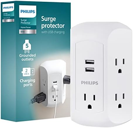 Philips Tartozékok, 5-Outlet Extender, Földelt Fali Csap, 3-Prong, 2 USB-A, túlfeszültségvédő, Adapter Egymástól Üzletek, Oldalról, 560