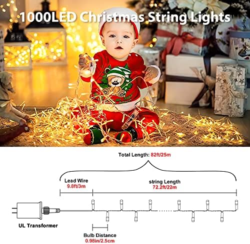 shinymolly 92FT 1000 LED Karácsonyi Fények Kültéri Vízálló 8 Mód,LED Karácsonyi String Lámpák Meleg Fehér karácsonyfa Fényei Beltéri