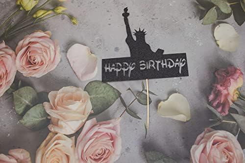 New York-I Témájú Boldog Szülinapi Torta Topper Lady Liberty New York Mérföldkő Szülinapi Party Dekoráció Fekete Csillám