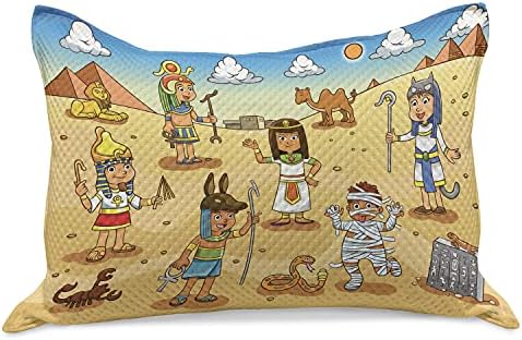 Ambesonne Rajzfilm Kötött Paplan Pillowcover, Történelmi Egyiptom Karakter Piramisok Kleopátra Király Múmia Design Kép, Standard Queen