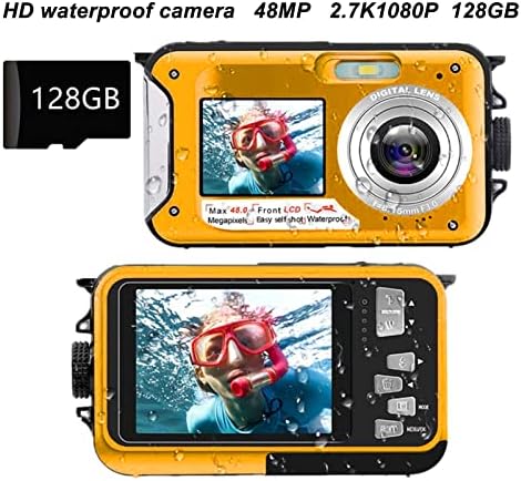 Vízálló Kamera, 2.7 K Full HD 48MP Önarckép Kettős Képernyő Video Recorder 16X 10FT Kettős Képernyők Víz alatti Kamera, Snorkeling,