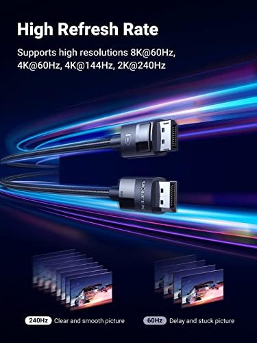 UGREEN VESA Hitelesített 8K DisplayPort Kábel 6FT, DP 1.4 Kábel Displayport Displayport Kábel Támogatja a 8K@60Hz, 4K@144 hz, FreeSync,