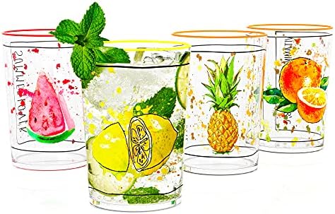 RAKLE ivópohár Készlet 4 – Színes Üveg Csésze Gyümölcs Tervek – 17.2 oz Lé Szemüveg Kevert Ital, Limonádé, Narancs Juice –