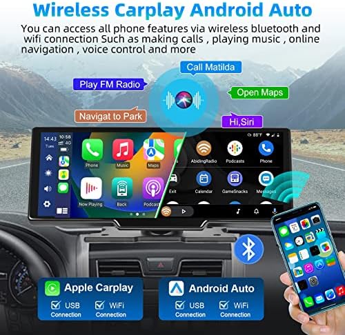 Hordozható, Vezeték nélküli, Carplay & Android Auto Autó Sztereó, 2, 5 K Kamera - 9.3 HD IPS kijelző,1080p Biztonsági Kamera, Loop Felvétel,