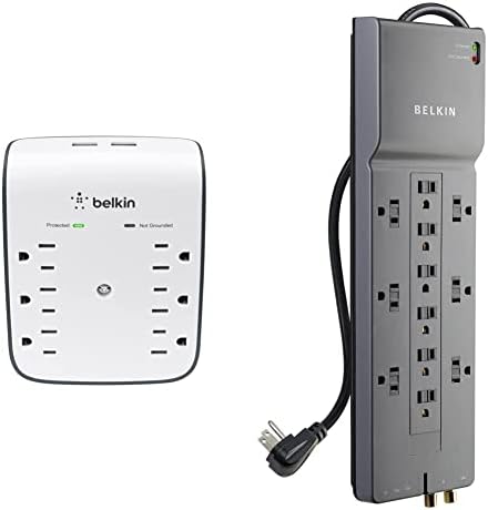 Belkin 6-Dugaszolóaljzat USB-túlfeszültségvédő, Wall Mount & 12-Aljzat elosztó Túlfeszültség Védő, 8ft Kábel(3,940 Joule), Szürke