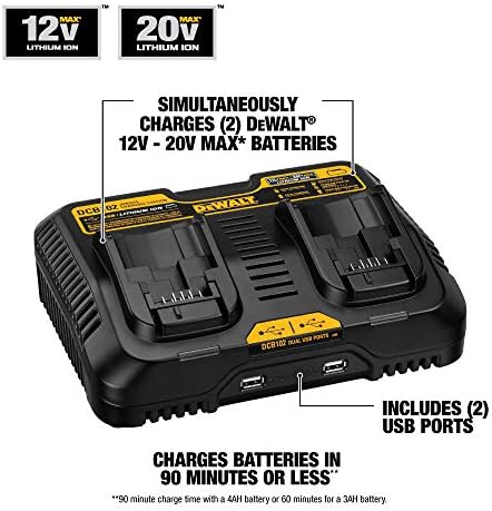 DEWALT 12/20V MAX Akkumulátor Töltő, Vezetékes, Kettős Töltő Állomás, 2-USB Portok Tartalmazza (DCB102)