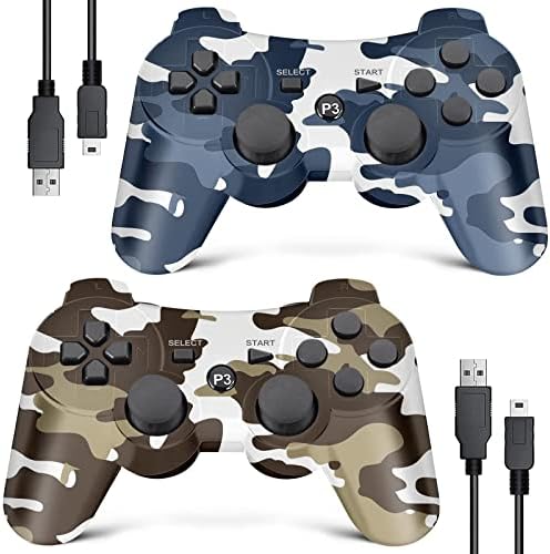PS3 Kontroller Vezeték nélküli 2 Csomag, Korszerűsített Joystick Vezérlő PS3 Dupla Sokk, Motion Control (Camo Barna, Terepmintás Kék)