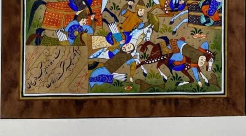 Miniatűr Festmény perzsa Művészet a Munka, Selyem, Papír, Kézzel készített Harci Jelenet 11.4 x 7