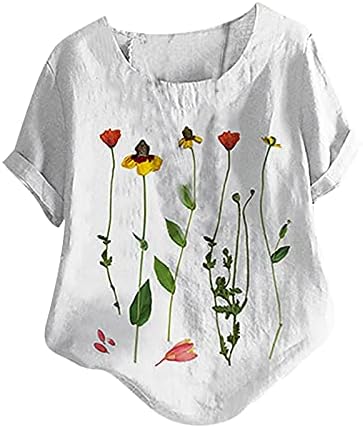 Női Pamut Ágynemű Pólók Felsők Nyári Rövid Ujjú virágmintás Tunika Ing, Laza Kényelmes Plus Size O Nyakú Blúz