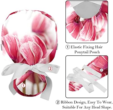 Orvosi Sapkák a Nők Gombok Hosszú Haj, 2 Darab Állítható Dolgozó Kap, Rózsaszín Tulipán Virág Szirmai