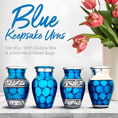 Emlék Urnák Kék - Mini Hamvasztás Urnák Készlet 4 Prémium Doboz & Táskák - Türkiz Kék Urnák az Emberi Hamu - Becsület A Szeretett Egy