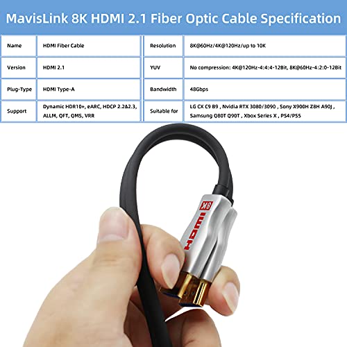 MavisLink 8K HDMI 2.1 Száloptikai Kábel 65ft 48Gbps 8K 60Hz 4K 120Hz Dinamikus HDR/eARC/HDCP 2.3 Vékony, Rugalmas Alkalmas RTX 3080