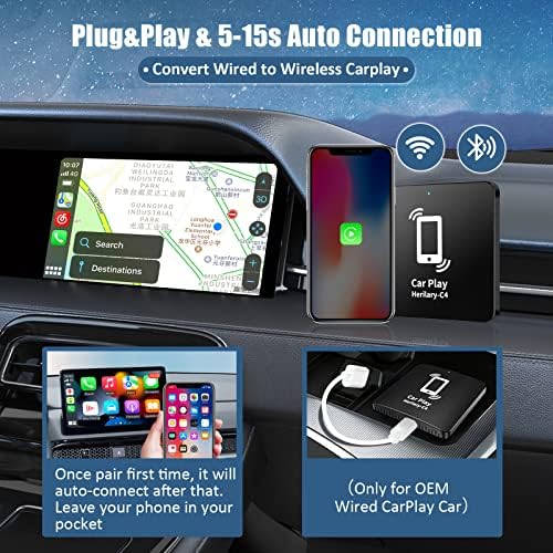 Vezeték nélküli CarPlay Adapter iPhone, LERANDA 2023 Frissítés Vezeték nélküli Apple Carplay Dongle, Plug&Play 5 ghz-es WiFi-Online Frissítés