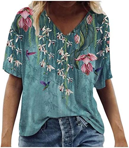QXUAN Pólók Női Plus Size Rövid Ujjú virágmintás Blúz Nyári Tunikák, Felsők Női Alkalmi Laza, Bohém Póló
