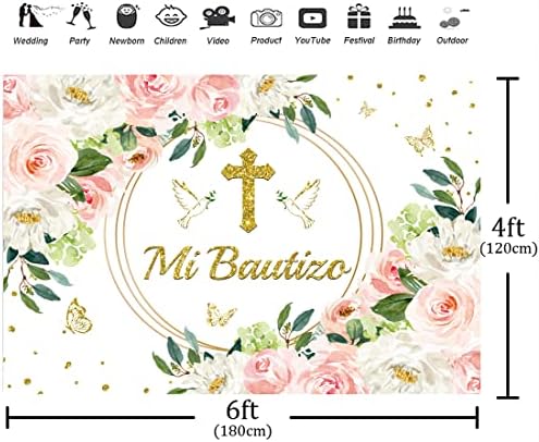 Aperturee Mi Bautizo Keresztség Hátteret 6x4ft Isten Áldja Első szentáldozás Keresztelő Akvarell Rózsaszín Virágos Csillogó Arany Pontok Pillangó