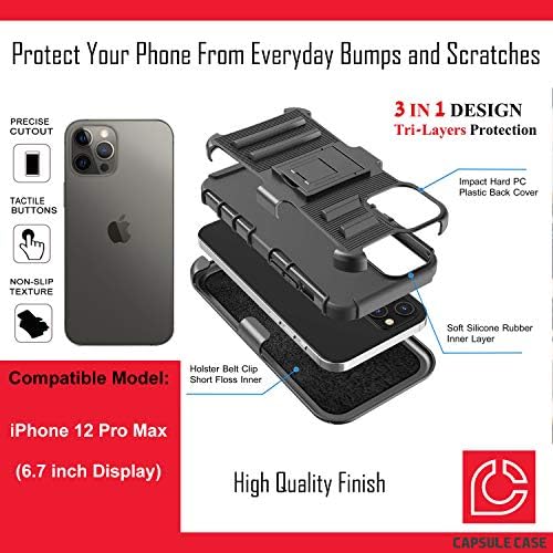Ohiya Esetben Kompatibilis az iPhone 12 Pro Max [Katonai szintű Védelem, Ütésálló, nagy teherbírású Állvány Védő Tok Fekete-Ügy] iPhone 12