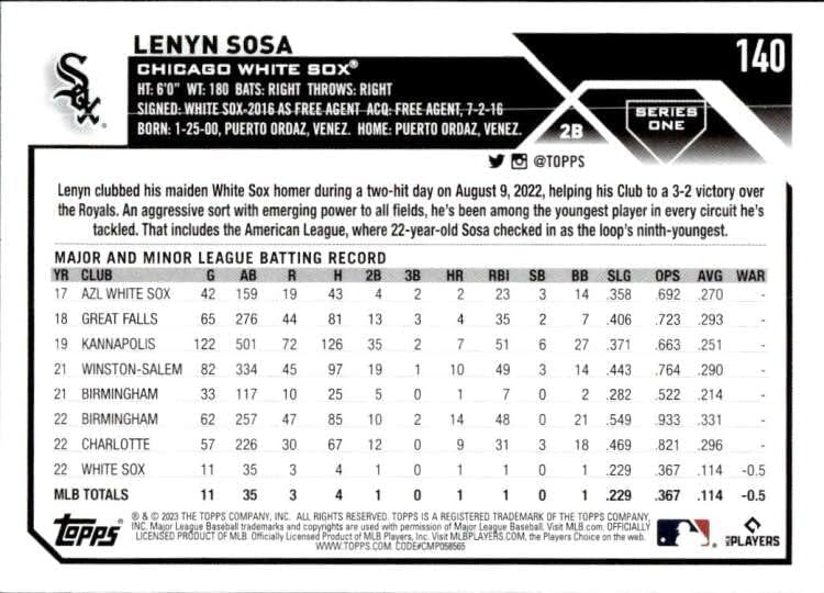 Lenyn Sosa RC 2023 Topps 140 ÚJONC White Sox NM+-MT+ MLB Baseball
