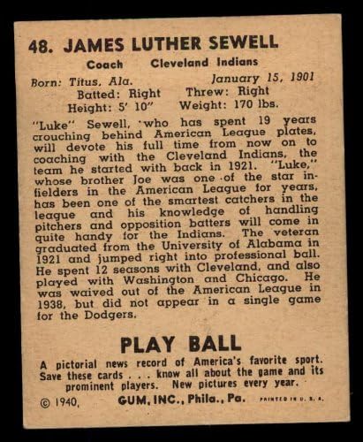 1940-ben Játszani 48 Lukács Sewell Cleveland indians (Baseball Kártya) VG/EX Indiánok