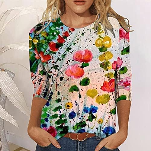 Női Tavaszi-Nyári Póló, Alkalmi Felsők Divat 3/4-Es Ujjú T-Shirt Laza Virágmintás Tunika Plus Size Blúz