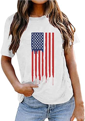 Július 4-Ing Nők USA Zászló Nyári Rövid Ujjú, V-Nyakú Póló Csíkos Tie-Dye Laza Fit Alkalmi Party Póló