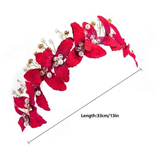 Esküvői Menyasszonyi Piros Virág Kristály Hairband Gyöngy Virág Hajcsat Bankett Headpieces Vintage Virágos Szőlő Kézzel készített