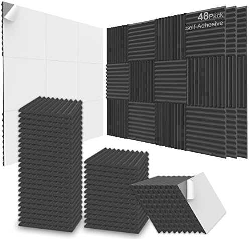 JBER Akusztikus Hab Panelek, 48 Pack 12x12x 1 Inch Korszerűsített Öntapadó Hangszigetelt Fal Panelek hangelnyelő Panel Kezelés Otthoni