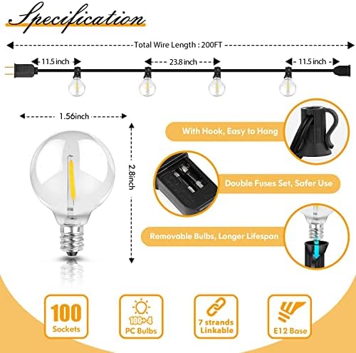 Brightever 200FT Szabadtéri String Világítás Szabályozható LED Kívül Kerti Világítás 100+4 Törhetetlen G40 Globe Edison Izzók,